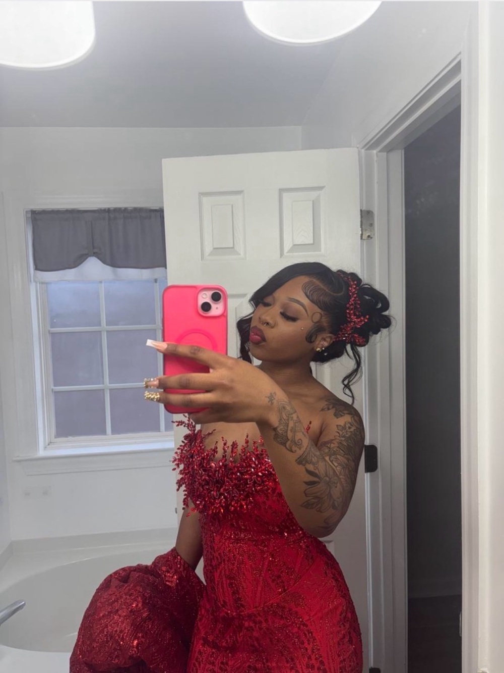 Red sequin Alglist prom dress with matching veil (will send clutch if needed)